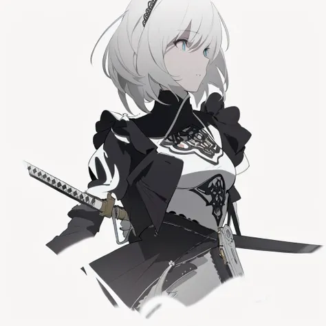 Close-up of a woman in a black and white outfit holding a sword, concept art, inspired by Krenz Kuschart, winner of the pixiv competition, Whats it?, Nier autoamata, 2b Nier automata, Nier : inspired by machine guns, Nier:inspired by machine guns, Nier 2 b...