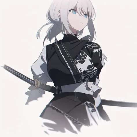 Close-up of a woman in a black and white outfit holding a sword, concept art, inspired by Krenz Kuschart, winner of the pixiv competition, Whats it?, Nier autoamata, 2b Nier automata, Nier : inspired by machine guns, Nier:inspired by machine guns, Nier 2 b...