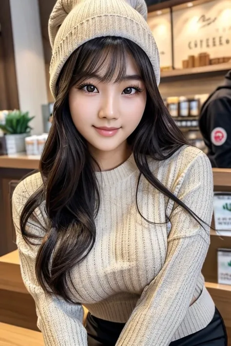 Super-detailed, 8k, Korean girl, 1 girl, 25 years old, long delicate dark hair, beautiful and perfect figure, busty body, curvy body, beautiful face, detailed face ,detailed eyes, double eyelids, large breast, slight smile, long sleeve sweater, long pants,...