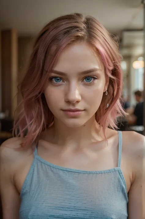 19 year old female, Pink hair, Masterpiece, Realistic, Well formed visual, High quality, Clean clothes, Slender body, Innocent face, Naturally wavy hair, Blue eyes, High resolution, Best quality, Intricate details, Very detailed, Sharp focus, Detailed skin...