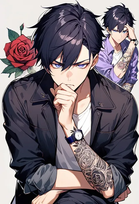 1man, short black hair, cat ears, bright blueviolet eyes, wearing a blueviolet casual jacket, wearing a white undershirt, wearing black pants , wearing a vintage blueviolet watch, thinking pose, arm tattoos, tattos all over the arm, rose tattoos, rolled-up...