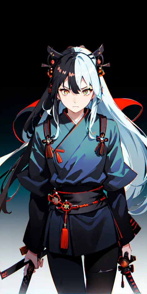 ((((Black katana))))　(((Light blue long hair　Light orange eyes and black samurai uniform　White band　Victory)))　((Black notes　night　Japanese style　Mature))