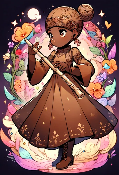 CREATE A DISNEY PIXER STYLE CHARACTER WITH A BROWN DRESS WITH SLEEVES, Brown pants, brown boots, BROWN BALACLAVA AND FLOWERS ON THE HEAD, AND A BUN ON THE HEAD WITH A FLUTE IN HAND