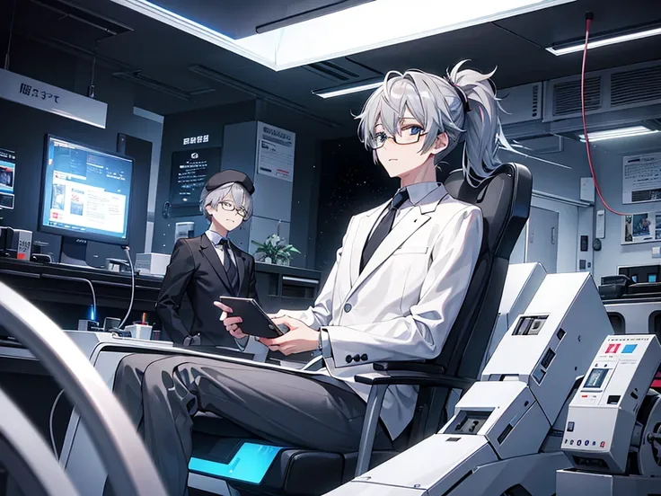 （Mastepiece）（High definition）Japanese male android in his 20s、alone、Gray Hair、ponytail、hat、Tuxedo、tie、Wearing round rimless glasses、Sitting、It is connected to the machine by multiple cables.（charging）、background（A science fiction-like electronic world、A sp...