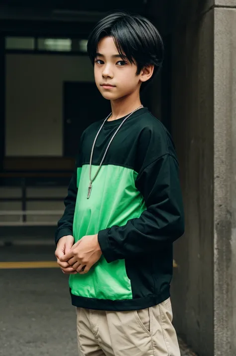 Boy with green and black clothes and anime bg