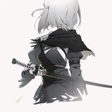 Close-up of a woman in a black and white outfit holding a sword, concept art, inspired by Krenz Kuschart, winner of the pixiv competition, Whats it?, Nier autoamata, 2b Nier automata, Nier : inspired by machine guns, Nier:inspired by machine guns, Nier 2 b...