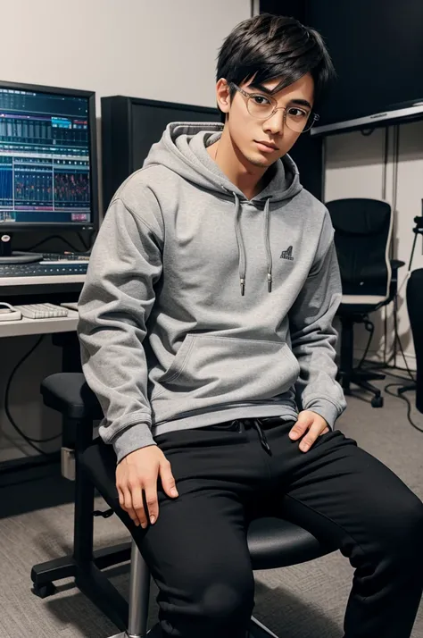 a anime  boy wearing a glases grey hoodie and black pants sitting on a chair in a studio 