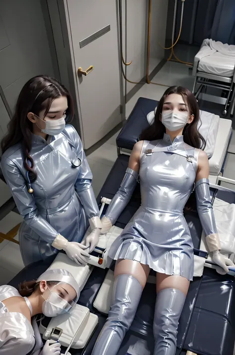 20 year old female lying on medical stretcher pushed by group of masked female scientists in latex bodysuits down hallway, passed out. unconscious. sleeping. brunette hair. disheveled white satin sleeveless blouse and pleated skirt.