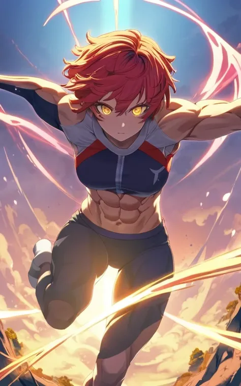 a beautiful anime girl with short red hair, yellow eyes, a toned six pack body, wearing a tight white gym outsit, vibrant colors, detailed, dynamic composition, (best quality,4k),beautiful detailed eyes,muscular body,fit athletic,lighting,vibrant colors,dy...