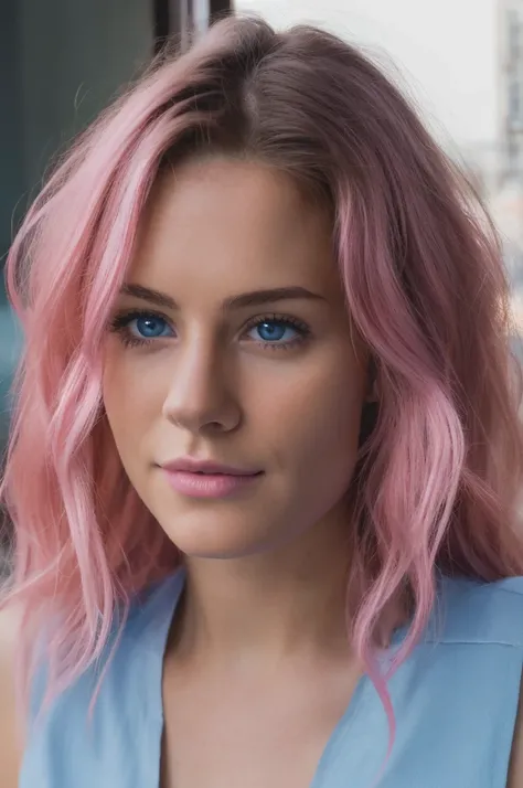 19 year old female, Pink hair, Masterpiece, Realistic, Well formed visual, High quality, Clean clothes, Slender body, Innocent face, Naturally wavy hair, Blue eyes, High resolution, Best quality, Intricate details, Very detailed, Sharp focus, Detailed skin...