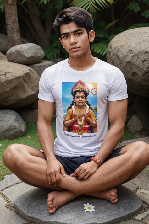 Create a Realistic High Quality image of LORD HANUMAN is depicted in meditation . Sitting on a Stone. A Realistic 18 year old boy Wearing Saffron T-shirt sprinkles flowers to HANUMAN and performs Pooja , Hanuman ji giving blessings to boy,Name "BHAWESH" is...