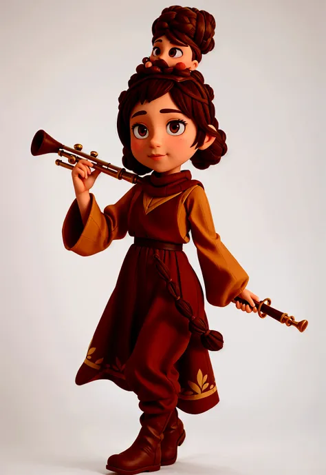 CREATE A DISNEY PIXER STYLE CHARACTER WITH A BROWN DRESS WITH SLEEVES, Brown pants, brown boots, BROWN BALACLAVA AND FLOWERS ON THE HEAD, AND A BUN ON THE HEAD WITH A FLUTE IN HAND