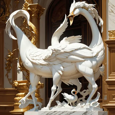 side view of a dramatic renaissance style white marble statue of a swan wearing golden ornaments