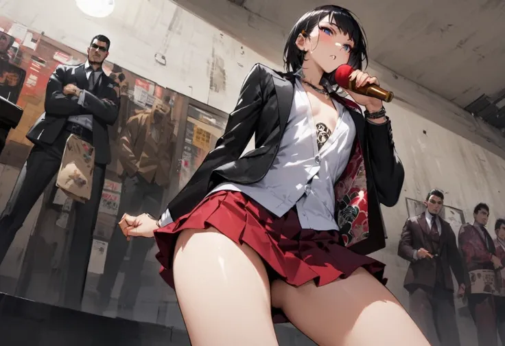 from directly below、Cute female yakuza、Looking down on、mini skirt、tattoo、Girl、Girl、Short、Younger、Lower school year、Baby Face、flat chest、Yakuza Office、Yakuza、building、background、Dynamic Angle、masterpiece、best quality、ultra-detail、Japanese Mafia、Yakuza hideo...