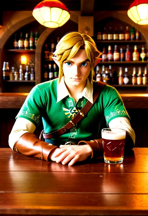 (The Legend of Zelda), Brave Link, sit, beer on the table, bar, pub, full body, (Photography), panoramic view, award-winning, cinematic still, emotional, vignette, dynamic, vivid, (masterpiece, best quality, Professional, perfect composition, very aestheti...