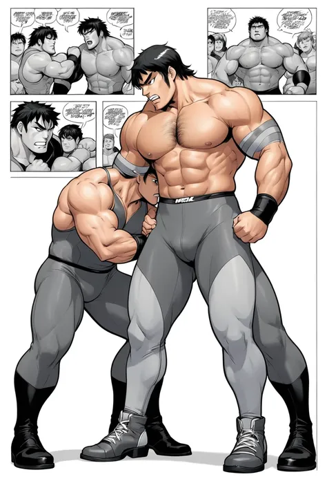 manga, monochrome, white background, heel wrestler wearing gray tights, wrestlers crotch is clenched by other hand, hunk, 3 panel comic,