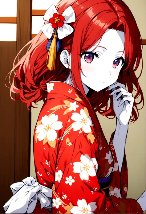 Japanese anime A woman with long, white and red hair, white skin, wearing a red floral yukata.