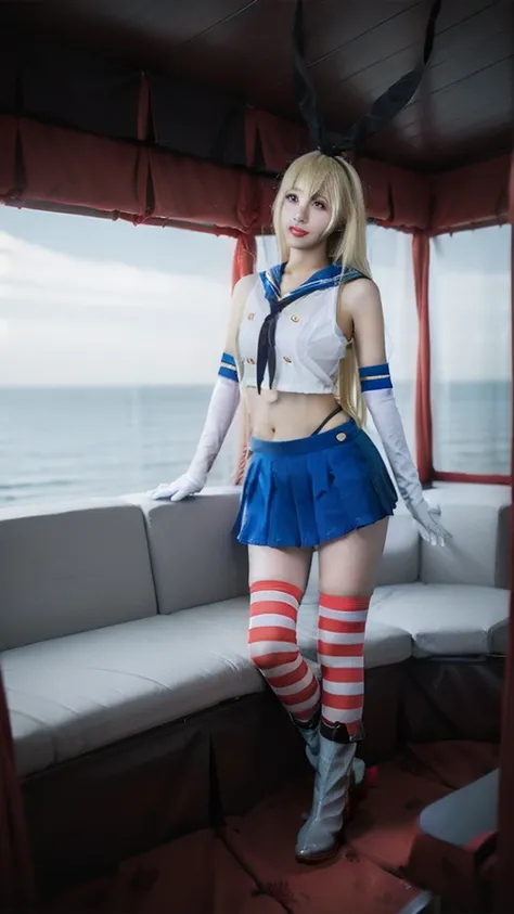 best quality, quality, masterpiece, (realistic:1.4), one girl, shimakaze \\, (kantai collection\\), elbow hand pockets, striped ...