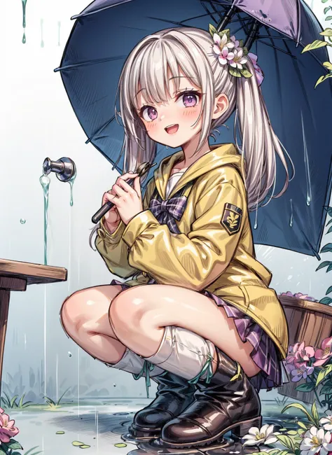 one girl,rainbow,raincoat,yellow raincoat,rubber knee-high boots,hydrangea,flower,long hair,twin tails,knee-high boots,blush,umb...