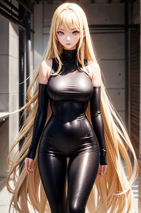 Highest quality,High quality,Realistic,28-year-old Japanese woman,Model-like body,slender,Gal,Blonde,Long Hair,Black tight clothing,Depicted so that the whole body is visible