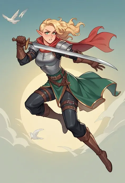 The 16 year old elf heroine is a striking figure with her tousled blonde hair framing her face in a short, lively hairstyle. Her slim build hints at her agility and flexibility, essential traits for her adventurous life. Clad in the rugged attire of a medi...