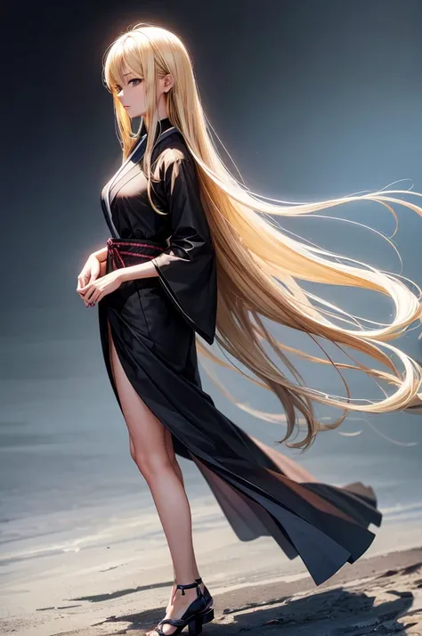 Highest quality,High quality,Realistic,28-year-old Japanese woman,Model-like body,slender,Gal,Blonde,Long Hair,Black clothes,Depicted so that the whole body is visible