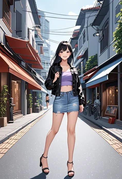 anime illustration of a pretty black long hair young woman, side ponytail, smiling, walking on Singapore street, {she wearing black denim jacket, lavender tanktop, light-blue denim pencil mini skirt, silver heel sandals}, (1girl, solo, full body), (best qu...