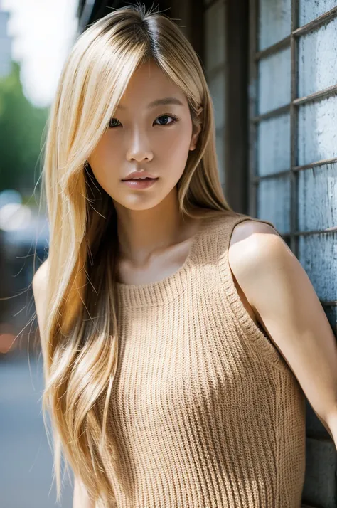 Highest quality,High quality,Realistic,28-year-old Japanese woman,Model-like body,slender,Gal,Blonde,Long Hair,Sleeveless knit,Depicted so that the whole body is visible