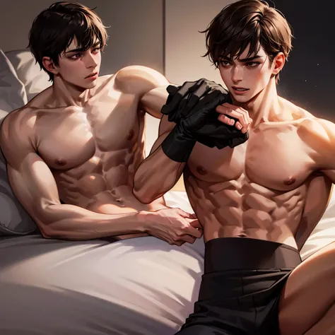 A young man in a private, dimly lit room, thrusting into a Fleshlight. He has a focused and intense ahegao expression, with short brown hair and a muscular build. The background features a minimalistic and intimate setting, with subtle shadows adding to th...