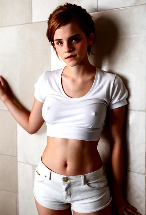 (((Emma Watson))), (very tall slender woman), (she lies on a large sheepskin in front of the fireplace), (she has round breasts), big eyes, (small head), (((she wears a short crop white shirt))), ((wide shirt)), (belly button), ((white wide shorts)), (phot...