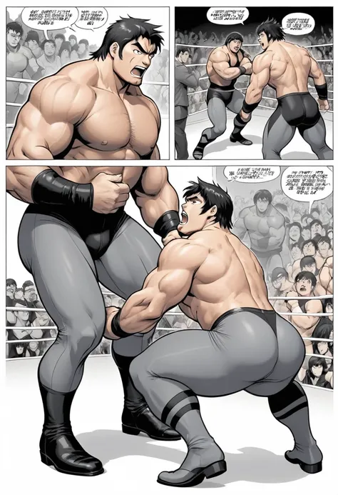 manga, monochrome, white background, heel wrestler wearing gray tights, wrestlers crotch is clenched by other hand, crotch grab, hunk, 3 panel comic,