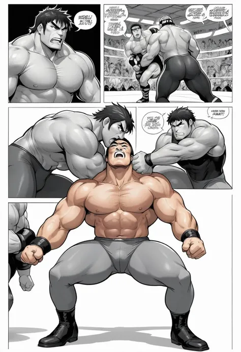 manga, monochrome, white background, heel wrestler wearing gray tights, wrestlers crotch is clenched by other hand, crotch grab, hunk, 3 panel comic,