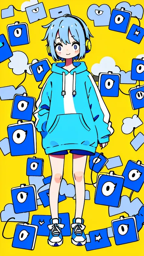 Mash Hair　Short Hair　Blue hair　Wearing a blue hoodie　　Im wearing headphones　1 male　smile　Yellow irises　Narrow eyes　cheeks are white　The whole body is shown　Looking into the distance　Waving one hand up　The whole body is on camera