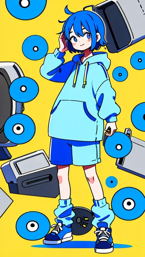 Mash Hair　Short Hair　Blue hair　Wearing a blue hoodie　　Im wearing headphones　1 male　smile　Yellow irises　Narrow eyes　cheeks are white　The whole body is shown　Looking into the distance　Waving one hand up　The whole body is on camera