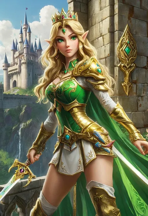 a masterpiece graffiti art paint of Princess Zelda on the wall of a castle, ,Princess Zelda (intense details, Masterpiece, best quality: 1.5), ultra detailed face, ultra feminine, fair skin, exquisite beauty, gold hair, long hair, wavy hair, small pointed ...