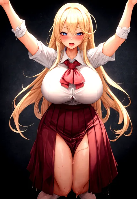 Masterclass, high quality, Too busty too hide, school girl, very long skirt, tight skirt, huge , stretching clothes, ahegao, long blond hair, long skirt, wet pussy, blushing
