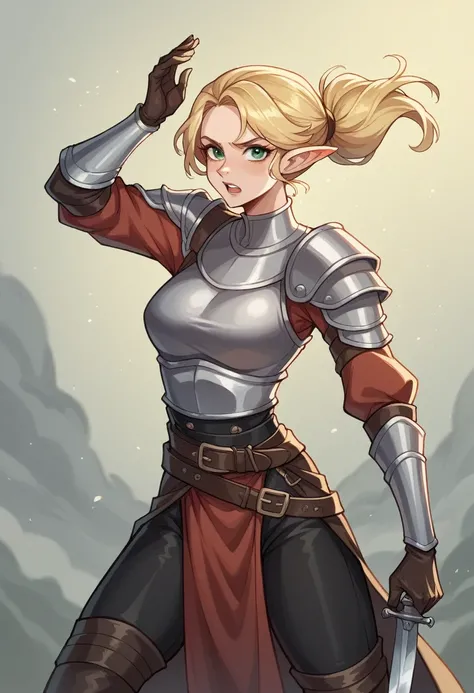 The 16 year old elf heroine is a striking figure with her tousled blonde hair framing her face in a short, lively hairstyle. Her slim build hints at her agility and flexibility, essential traits for her adventurous life. Clad in the rugged attire of a medi...