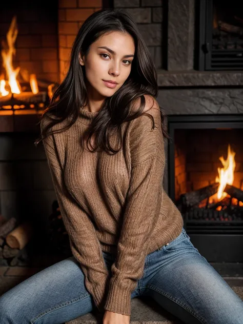 Sexy tall dark hair brunette, slightly wavy hair, 175cm tall, perfect body, in a cozy sweater and jeans, sitting by a fireplace, with the firelight dancing on her skin, raw photo, realistic UHD, 8k, realistic skin shadows, realistic skin texture, playboy p...