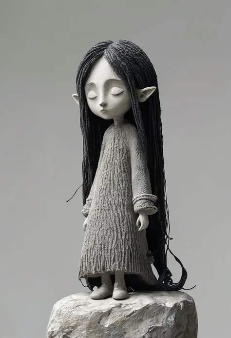 (best qualityer:1.2),1 Elf GIRL with long hair standing on a small rock. ultra-light Argilla, Argilla, Ceramics, Rough knitted texture, anguished, grimy, Mineral pigments, 3D Argilla sculpture art, Argilla sculpture, Rough surface, (black shoes,declive,dec...