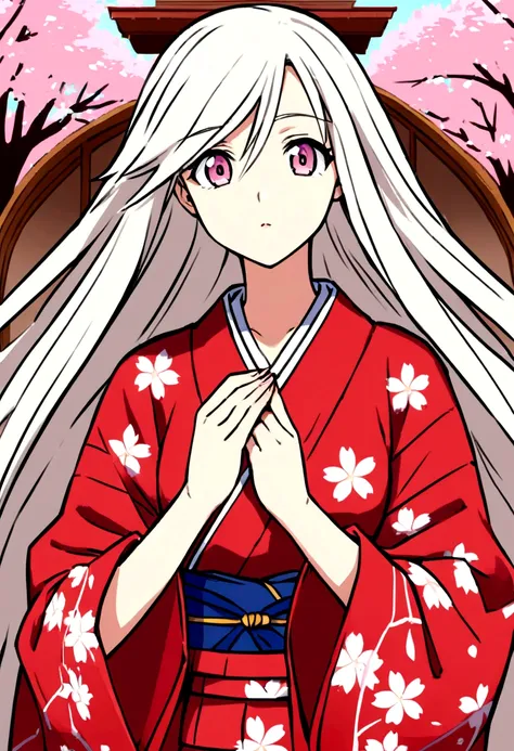 Japanese anime A long-haired, white woman wearing a red yukata with cherry blossoms pattern.