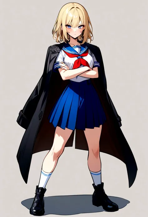 masterpiece, best quality, 1girl, osoroshidesu,
blonde hair, scar, scar on face, coat on shoulders, , serafuku, blue sailor collar, white sailor shirt, red neckerchief, short sleeves, blue pleated maxi skirt, white socks, black shoes,
arms crossed, full bo...