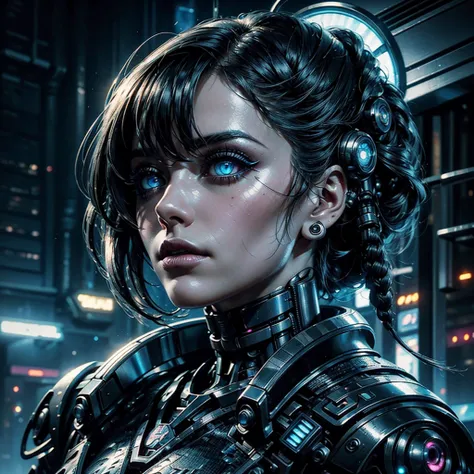 cyberpunk girl, alien, futuristic city, alien spaceship, detailed face, beautiful detailed eyes, beautiful detailed lips, extremely detailed eyes and face, long eyelashes, cybernetic implants, intricate mechanical details, neon lights, moody lighting, dram...