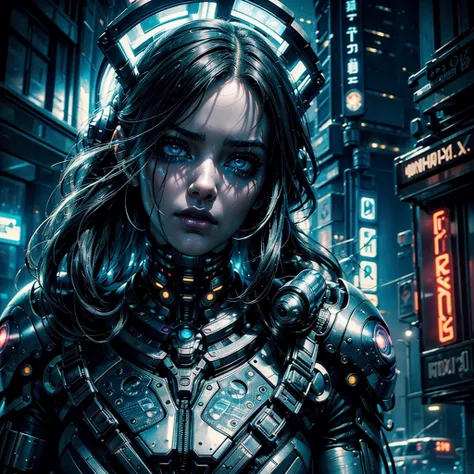 cyberpunk girl, alien, futuristic city, alien spaceship, detailed face, beautiful detailed eyes, beautiful detailed lips, extremely detailed eyes and face, long eyelashes, cybernetic implants, intricate mechanical details, neon lights, moody lighting, dram...