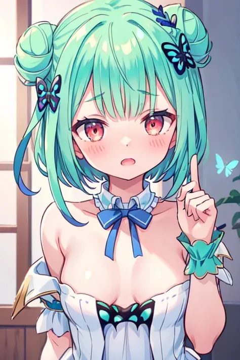 (best quality, masterpiece:1.2), ultra detailed, extremely detailed eyes and face, natural skin texture, detailed skin, natural lighting,
 1 girl, (cute),
 half undressed,
 BREAK (orgasm face, aroused, blush:1.2),
 BREAK rushia_idol, green hair, short hair...