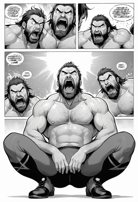 high resolution, manga, monochrome, white background, handwritten style, hunk, middle-aged man, eyes wide open with agony face, puckered lips and mouth open, pale face, raise eyebrows, shirtless, combed-back hair, heel wrestler wearing gray tights, beard, ...