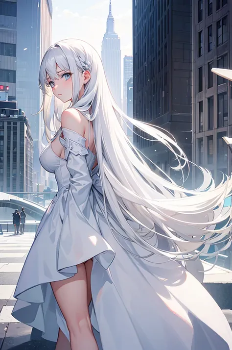 ((best quality)), ((masterpiece)), (detailed), perfect face

Create a picture of the back of a girl with thick long white hair that goes down to her knees wearing a white dress as she stares off into the city skyscrapers from the top of a building 