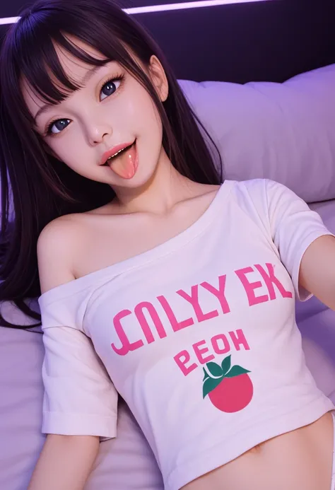 pastel colors t-shirt,off-shoulder look,bare shoulder,ollarbone,midriff peek,string panties,(open mouth:1.5),(tongue out:2),lying,Selfie,front view,upper body,(1girl,Beautiful 14 year old girl),((Slender,Small breasts,Small face,)),(looking at viewer),Blac...