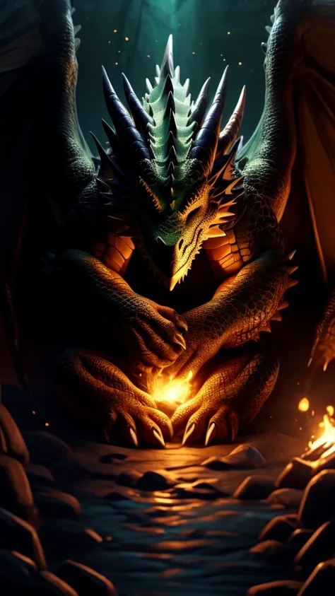 Show a small dragon sleeping on glowing logs. The dragon is green and surrounded by darkness. Only the logs and the dragon glow