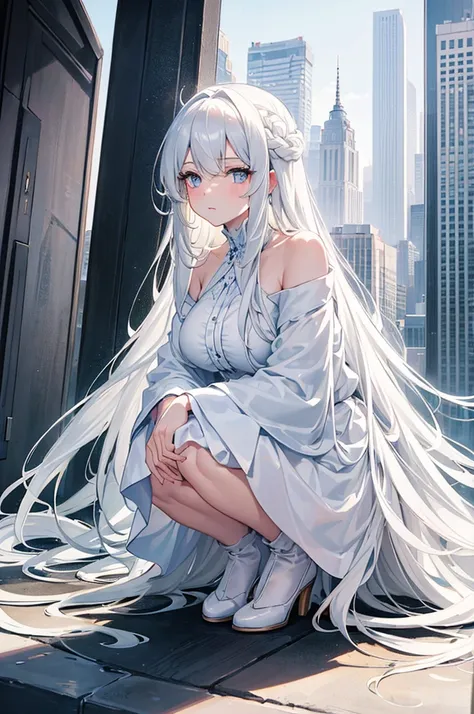 ((best quality)), ((masterpiece)), (detailed), perfect face

Create a picture of the back of a girl with thick long white hair that goes down to her knees wearing a white dress as she stares off into the city skyscrapers from the top of a building 