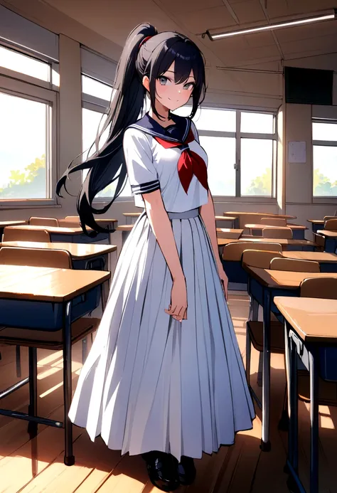 masterpiece, best quality, 1girl, solo,
ryoba, black_hair, long hair, grey_eyes, ponytail, ,
classroom, full body, looking at viewer, school, smile, serafuku, white full skirt,